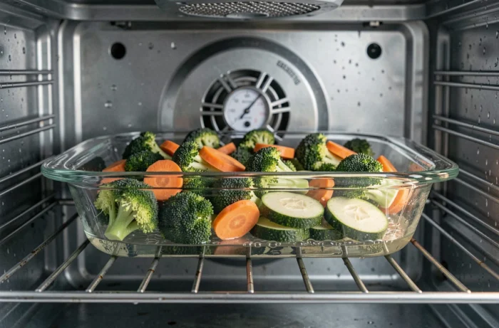 Plat de légumes en cuisson vapeur à l'intérieur d'un four domestique avec condensation visible