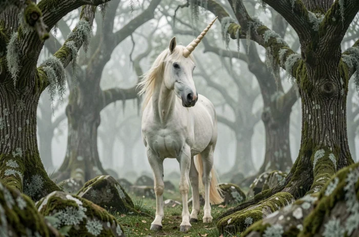 Licorne majestueuse aux reflets nacrés dans une forêt enchantée brumeuse entourée de pierres anciennes et de chênes centenaires
