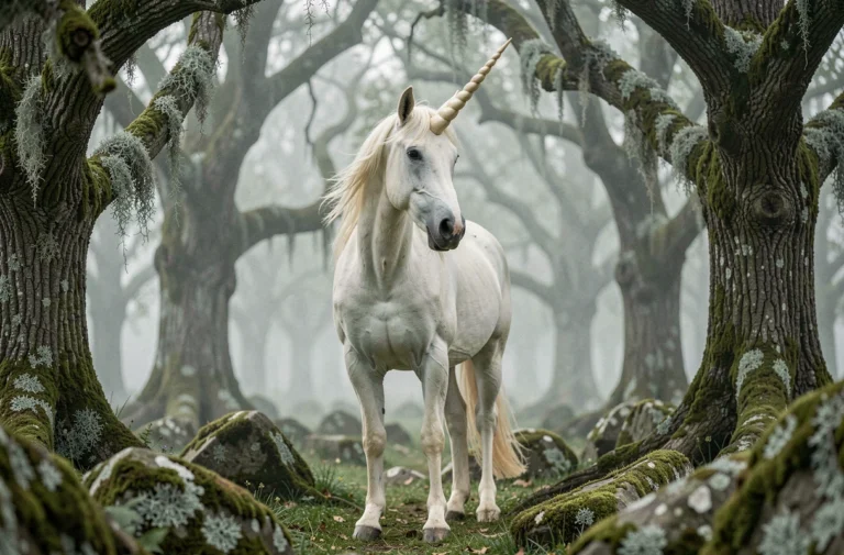 Licorne majestueuse aux reflets nacrés dans une forêt enchantée brumeuse entourée de pierres anciennes et de chênes centenaires