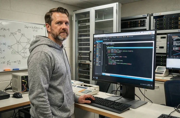 Un chercheur en IA travaille avec LLaMA, le modèle open source de Meta, dans un laboratoire universitaire équipé de serveurs GPU