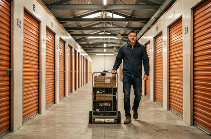 Homme utilisant un diable pour transporter des cartons dans un couloir de box de stockage à Noisy-le-Grand