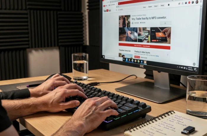 Gros plan sur des mains utilisant un convertisseur YouTube MP3 sur ordinateur pour organiser une playlist musicale