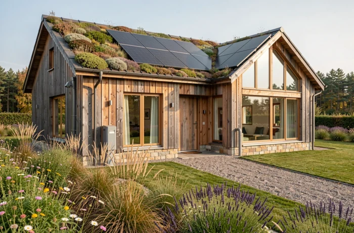 Maison écologique passive avec toiture végétalisée, bardage bois et panneaux solaires intégrés entourée d'un jardin de plantes indigènes