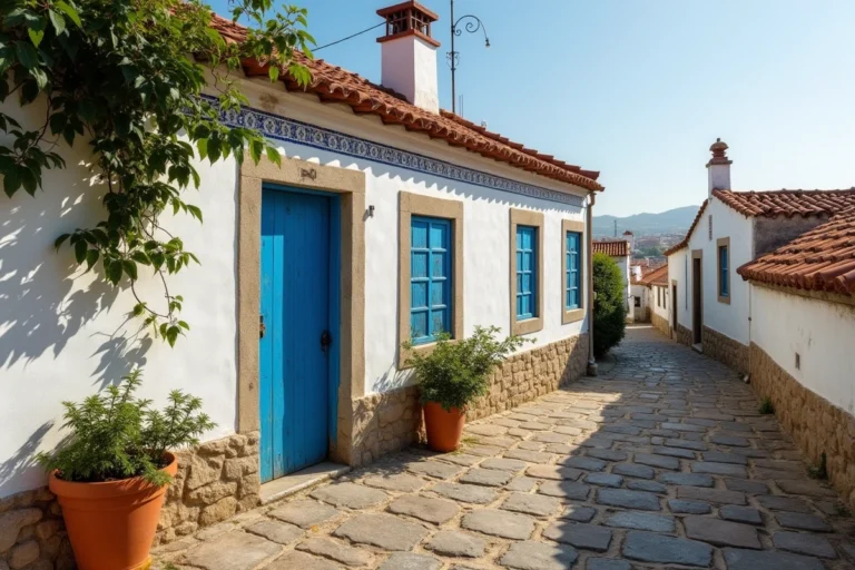 Façade d'une maison de pêcheur traditionnelle au Portugal avec des azulejos bleus et une porte en bois usée dans une ruelle pavée