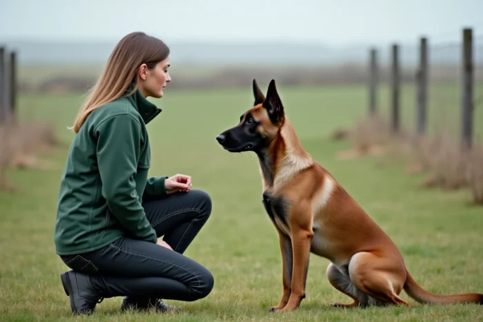 Femme maîtresse-chien en séance d'entraînement avec un berger belge Malinois dans un champ herbeux, posture de travail disciplinée
