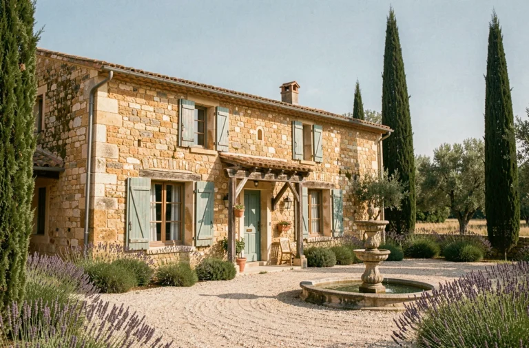 Façade d'un mas provençal traditionnel en pierre avec volets bleus et cyprès, lieu de tournage de Demain nous appartient