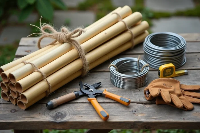 Matériaux nécessaires pour fabriquer un brise vue en bambou : cannes, fil galvanisé, outils de jardinage sur établi extérieur