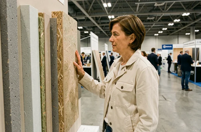 Femme inspectant des matériaux isolants innovants comme le chanvre et la cellulose lors d'un salon de la construction de maison économique