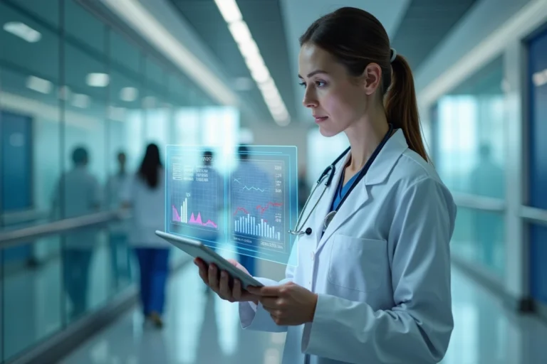 Médecin examinant des données médicales et financières sur une tablette numérique dans un couloir d'hôpital moderne