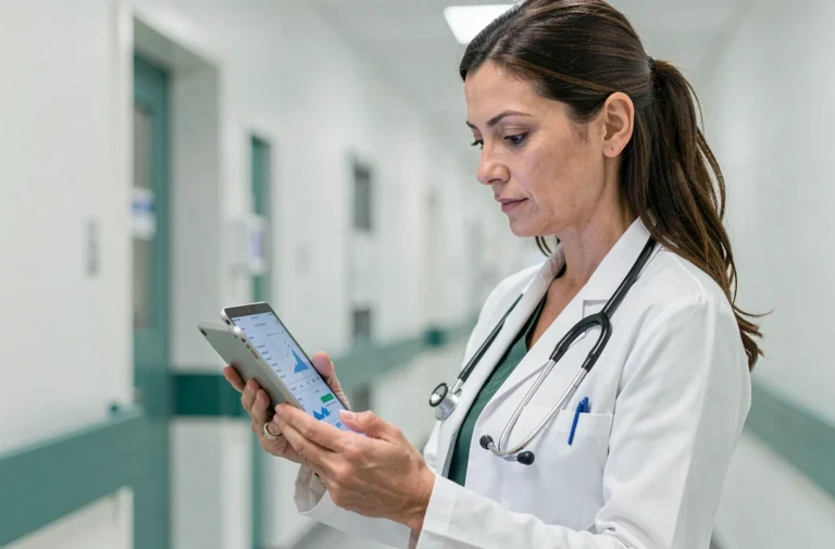 Médecin femme consultant des données de santé numériques sur une tablette dans un couloir d'hôpital moderne en 2024