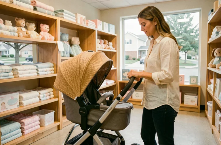 Jeune mère examinant une poussette tout-terrain dans un magasin de puériculture moderne en 2024