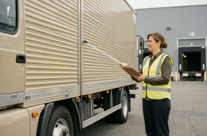 Femme mesurant les dimensions latérales d'un camion 10m3 dans un dépôt logistique