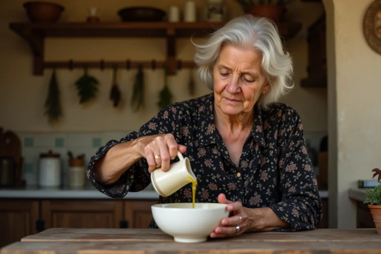 Femme âgée versant de l'huile d'olive dans un bol d'eau pour neutraliser le mauvais œil, méthode traditionnelle méditerranéenne