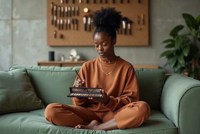 Femme aux cheveux naturels examinant une palette de fards à paupières neutres dans un studio de maquillage moderne et minimaliste