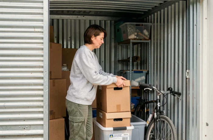 Femme organisant ses affaires dans un box de self-stockage loué à Noisy-le-Grand
