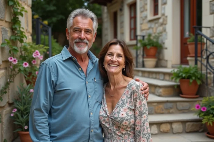 Portrait de couple de parents devant une maison de famille provinciale française évoquant les origines et l'histoire familiale