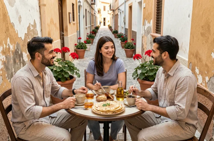 Amis partageant un petit-déjeuner traditionnel algérien en terrasse de café à Zemmouri El Bahri