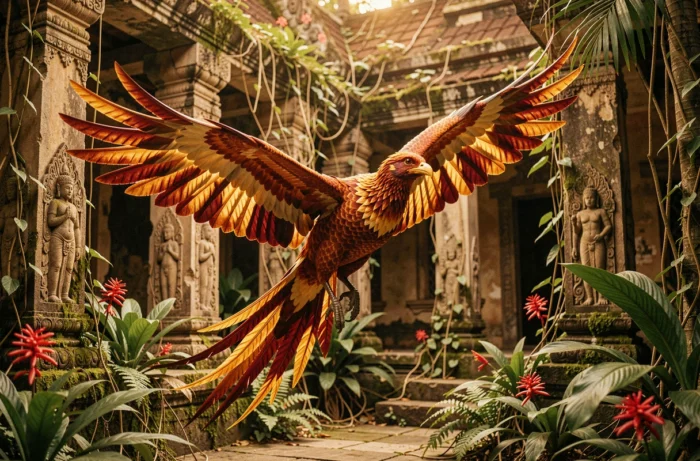 Phénix aux plumes cramoisies et dorées en plein vol au-dessus d'un temple antique envahi par la végétation tropicale