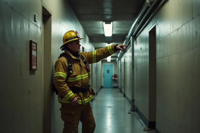 Pompier en tenue de protection montrant une porte fermée dans un couloir d'immeuble résidentiel lors d'une sensibilisation incendie