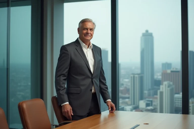 Portrait d'un dirigeant industriel en costume gris dans une salle de réunion moderne avec vue sur la ville