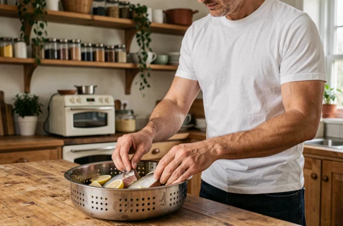 Homme préparant des filets de poisson pour une cuisson vapeur au four avec insert perforé
