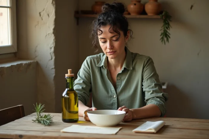 Femme préparant un rituel contre le mauvais œil avec de l'huile d'olive, un bol et des herbes séchées sur une table en bois