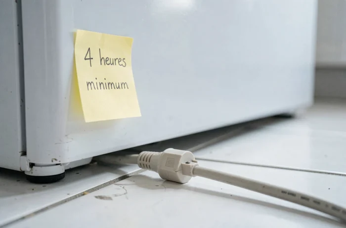 Prise électrique débranchée d'un réfrigérateur avec note indiquant le temps d'attente recommandé