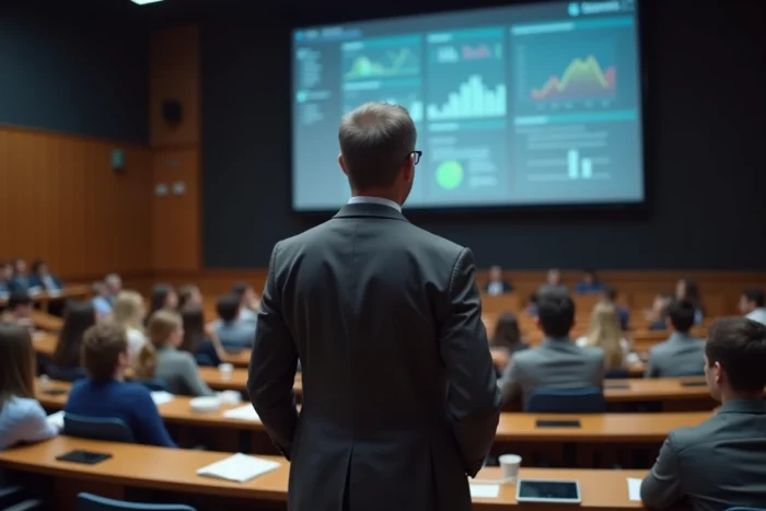 Professeur expérimenté donnant un cours magistral dans un amphithéâtre moderne de Kedge Business School Bordeaux, symbolisant la qualité pédagogique justifiant les frais de scolarité