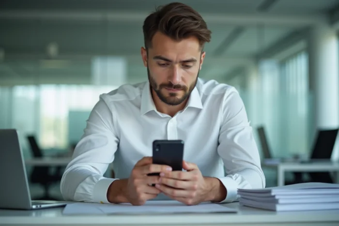 Jeune professionnel en bureau recevant un appel téléphonique suspect avec indicatif 33 3 77 sur smartphone