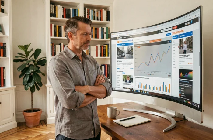 Professionnel des médias analysant les tendances du secteur médiatique français depuis son bureau à domicile