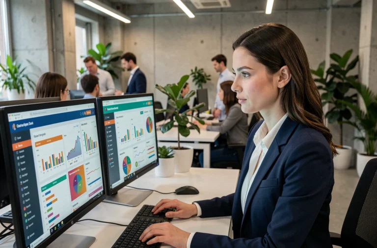 Professionnelle du marketing digital analysant des tableaux de bord et données analytiques sur double écran dans un bureau moderne