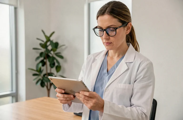 Professionnelle de santé consultant des données patients sur tablette dans un cabinet médical moderne