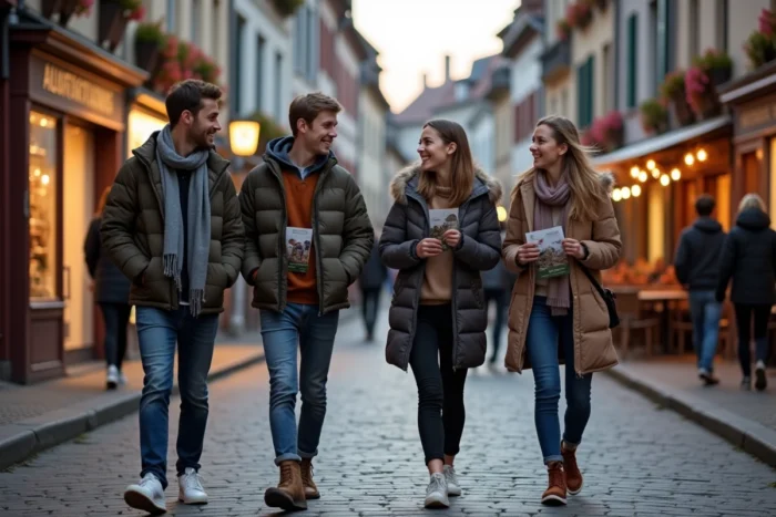 Étudiants se promenant dans une rue alsacienne typique tenant des flyers d'événements culturels