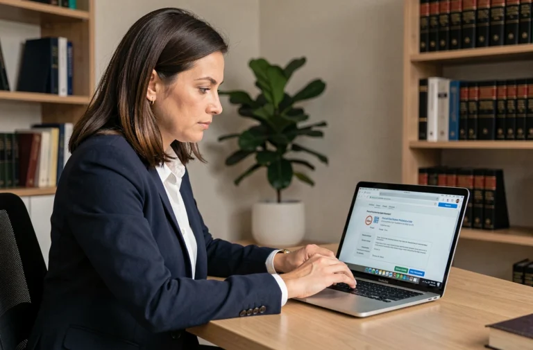 Femme consultant ses droits numériques sur un ordinateur portable dans un bureau à domicile