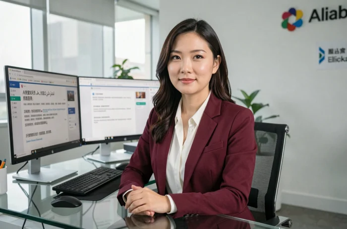 Une professionnelle utilise Qwen, le modèle IA multilingue d'Alibaba, sur un poste de travail affichant des textes en plusieurs langues
