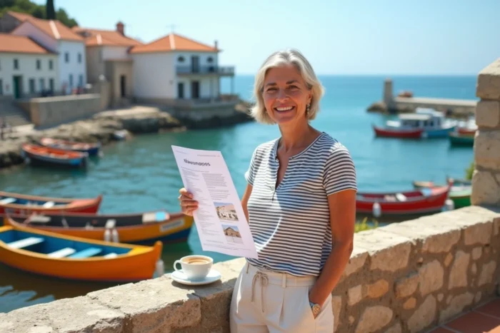 Femme consultant une annonce immobilière sur une terrasse avec vue sur un port de pêche traditionnel au Portugal