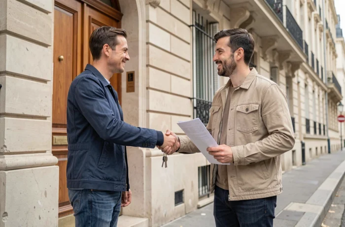 Deux hommes échangeant les clés et un document de caution solidaire devant un immeuble parisien