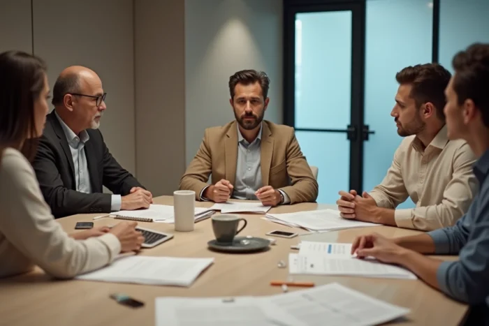 Équipe de professionnels en réunion pour analyser les risques et opportunités liés aux nouvelles technologies en santé et finance