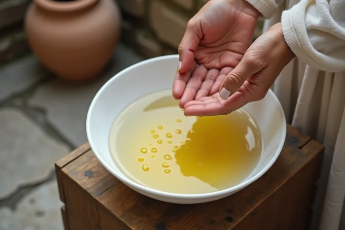 Gros plan de mains versant de l'huile d'olive dans un bol d'eau lors d'un rituel de protection contre le mauvais œil