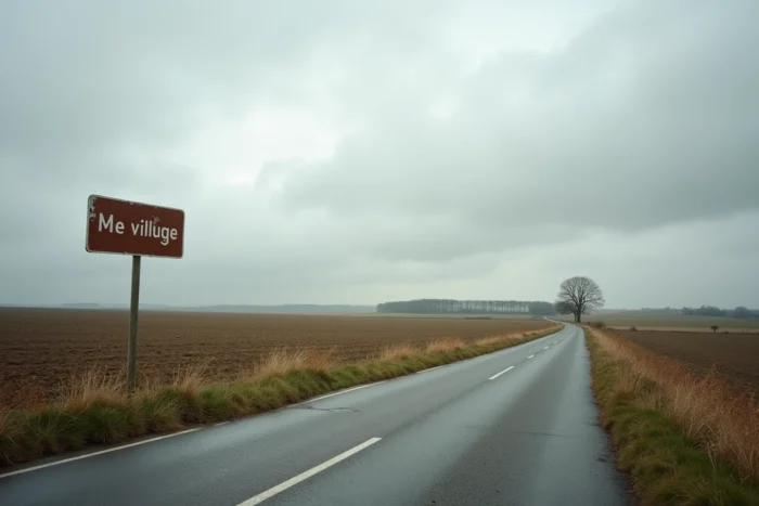 Route de campagne dans les plaines agricoles du Nord de la France avec panneau indicateur de village et champs labourés à l'horizon