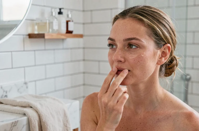 Femme aux traits naturels appliquant un sérum de soin sur son visage devant un miroir dans une salle de bain moderne