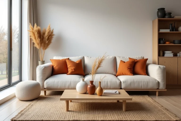 Salon scandinave moderne avec canapé beige, coussins terracotta et table basse en chêne naturel pour une décoration intérieure tendance
