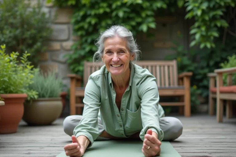 Senior femme âgée faisant des exercices de yoga doux sur une terrasse en bois entourée de verdure pour bien vieillir en bonne santé