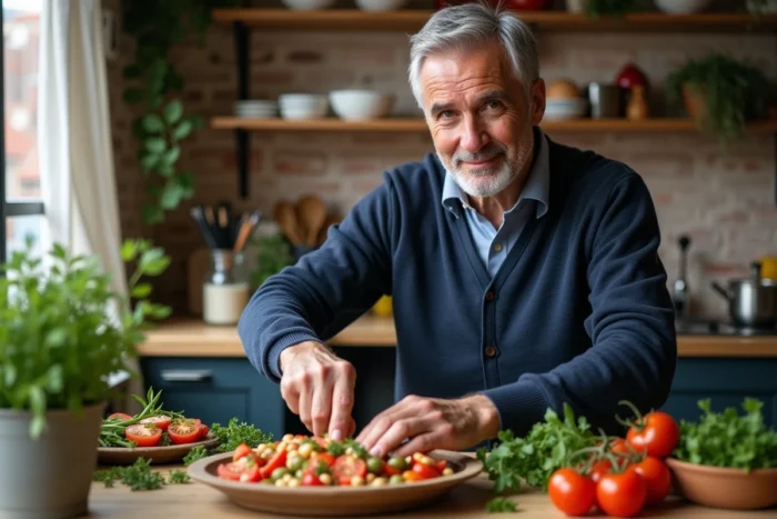 Homme senior préparant une salade méditerranéenne saine dans une cuisine rustique, illustrant les habitudes alimentaires pour bien vieillir