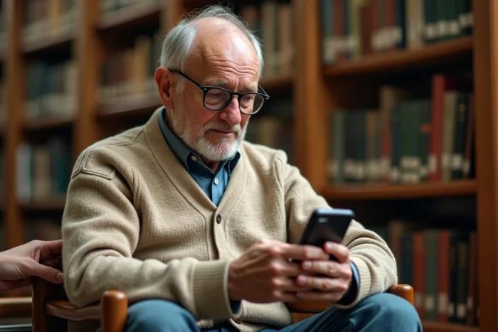 Homme âgé découvrant un smartphone dans une bibliothèque, symbole du fossé générationnel face à la révolution numérique