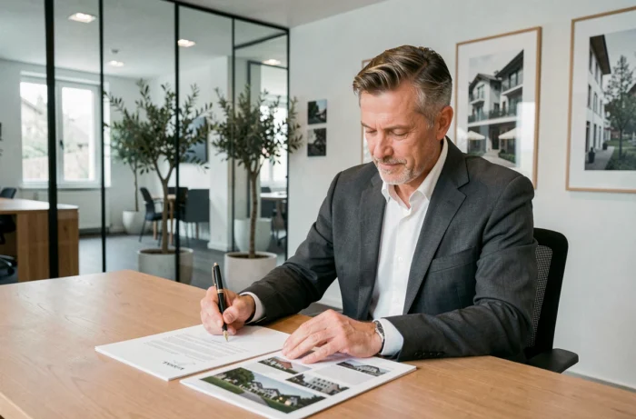 Homme d'affaires signant un contrat immobilier dans une agence moderne à Genève