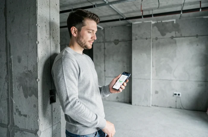 Homme simulant un crédit immobilier sur smartphone dans un appartement à rénover