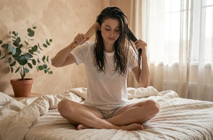 Jeune femme démêlant ses cheveux naturels avec un peigne en bois dans une chambre minimaliste lumineuse