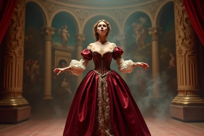 Soprano en costume d'époque du XIXe siècle sur scène lors d'un opéra de Verdi, décor de palazzo vénitien en arrière-plan