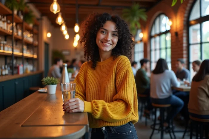 Jeune étudiante souriante dans un bar étudiant animé lors d'une sortie nocturne en Alsace